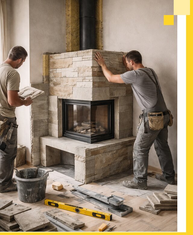 Угловые камины под ключ проект, монтаж и отделка в Ялуторовске